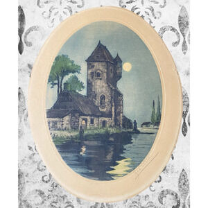 Vintage Geo Doll Signed Color Etching Moonlit Riverside Castle Scene Oval Print